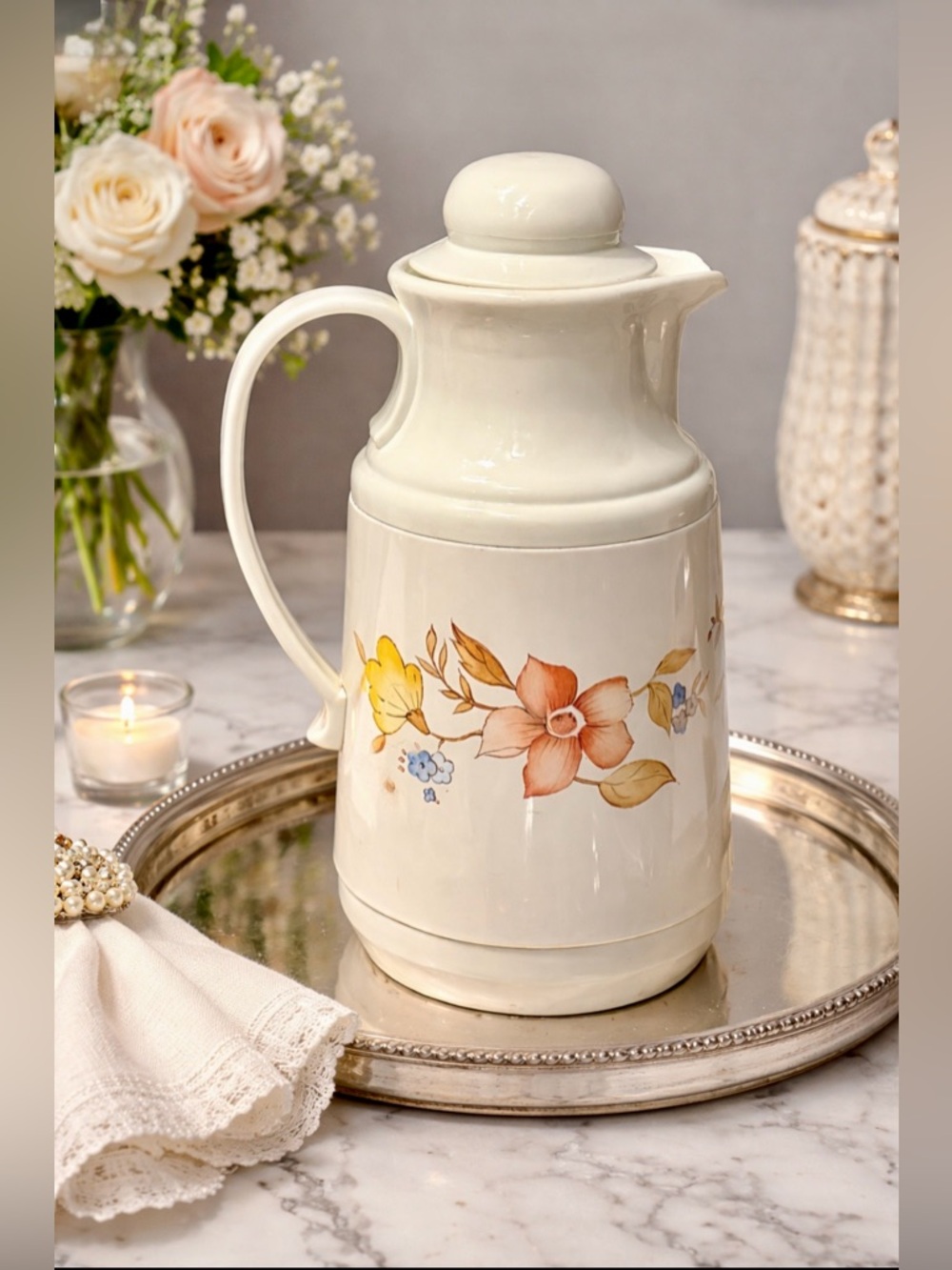 Vintage 80s Phoenix Thermal Carafe Wildflower Floral Pitcher White Liner 11”